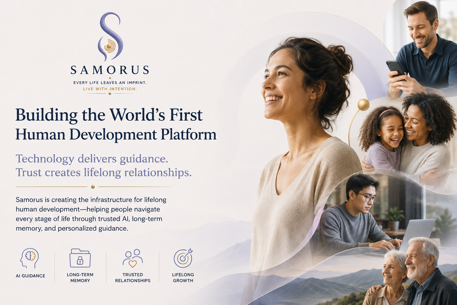 People across different life stages using Samorus for guidance, memory, trusted relationships, and lifelong growth